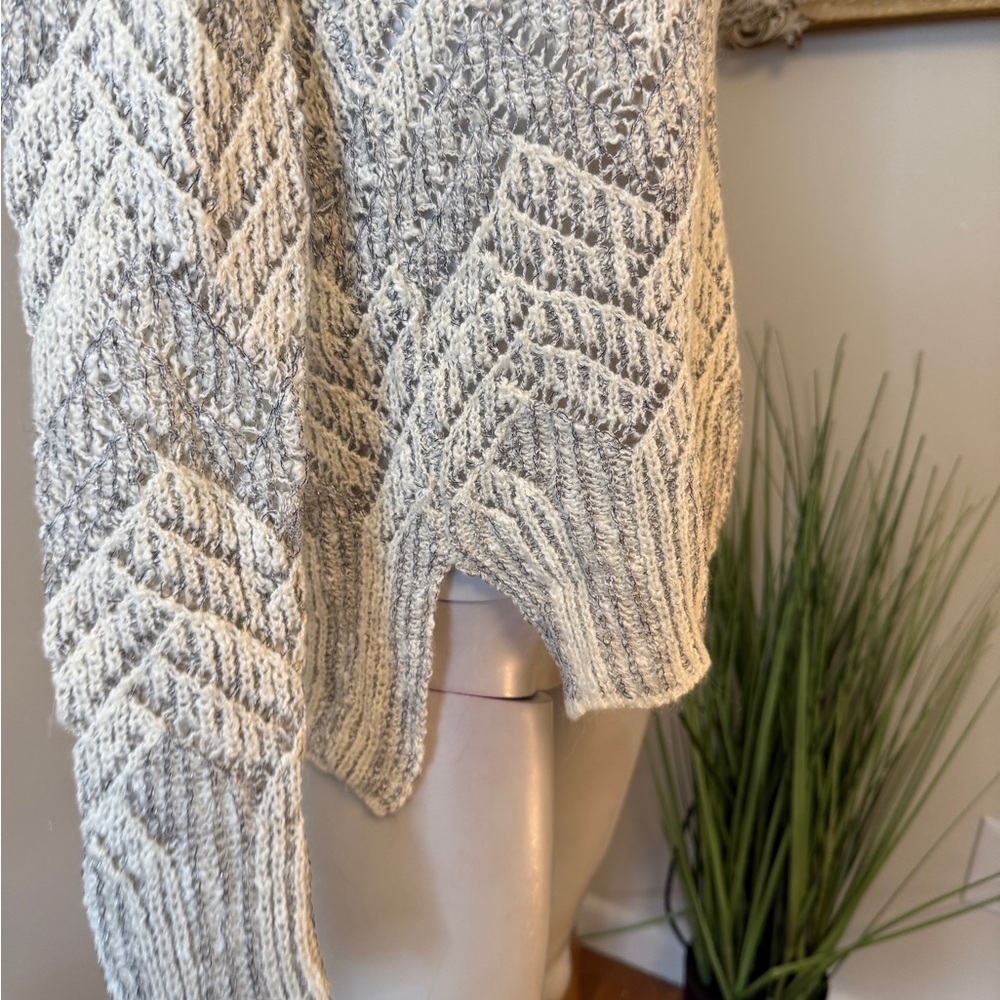 LUCKY BRAND Womens Metallic Silver Chevron Stripe Open Knit Sweater Size Small - Picture 7 of 7